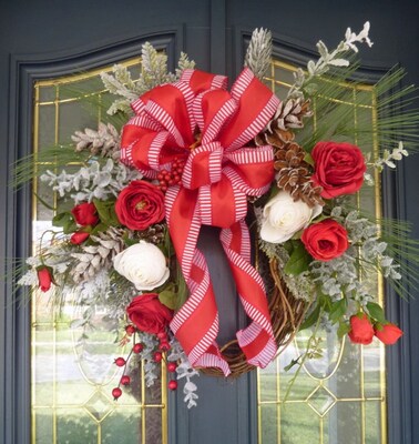 Red and White Christmas Rose wreath - image6